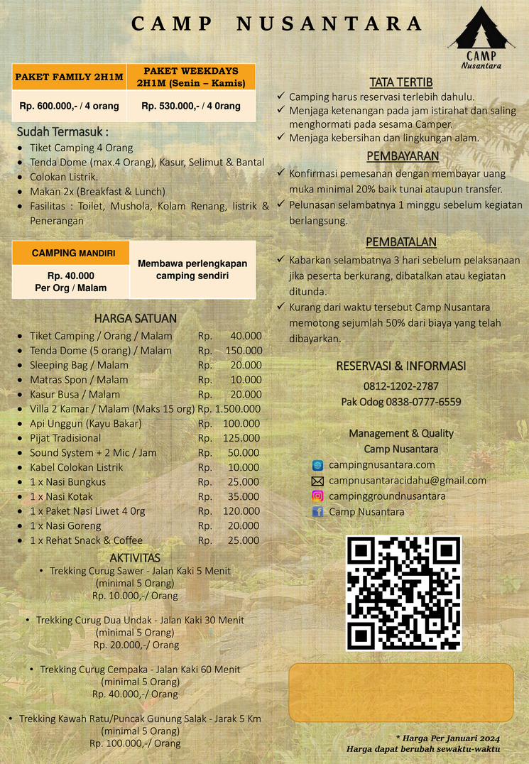 daftar harga camping di Camp Nusantara Cidahu Januari 2024
