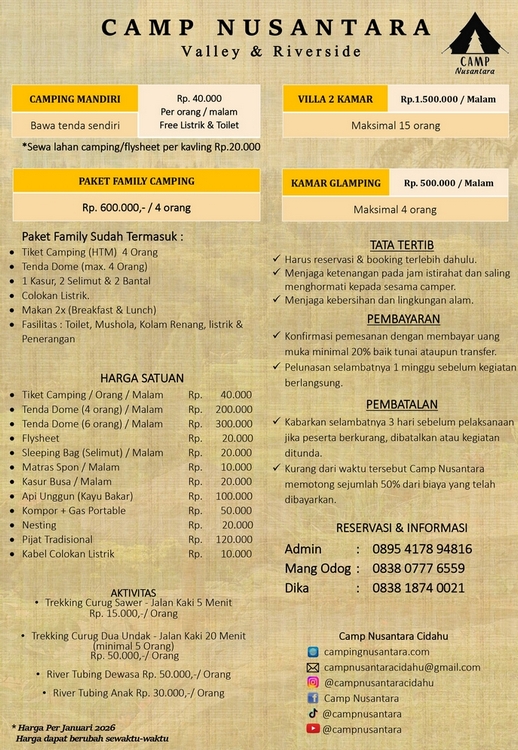 Price List Harga Camping Cidahu Camp Nusantara Januari 2026