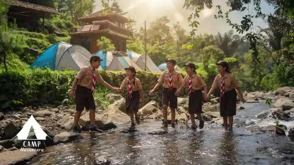 Kegiatan edukasi alam susur sungai jernih untuk siswa sekolah saat camping di Cidahu Sukabumi