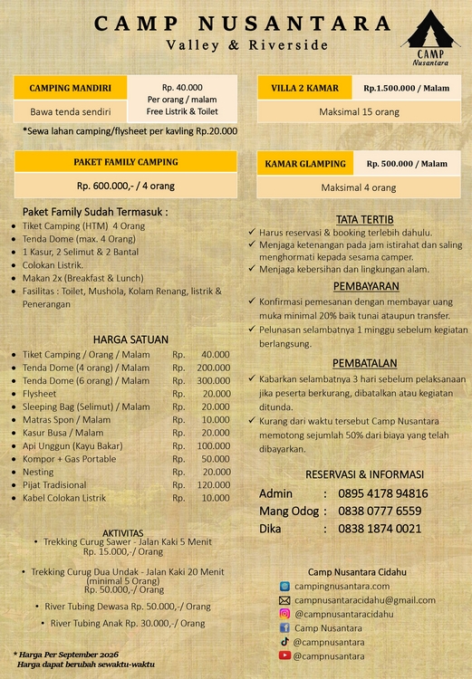 Price List Harga Camping Cidahu Camp Nusantara September 2026